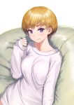  1girl bangs blonde_hair breasts collarbone commentary_request looking_at_viewer medium_breasts nonderi original sitting sleeves_past_wrists smile solo sweater upper_body violet_eyes white_sweater 