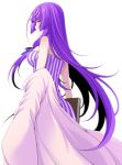  1girl bare_shoulders book breasts dress eichi_yuu highres holding holding_book long_hair medium_breasts patchouli_knowledge profile purple_hair simple_background solo standing strapless strapless_dress striped striped_dress touhou very_long_hair violet_eyes white_background 