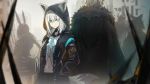  2boys 3girls amiya_(arknights) animal_ears aqua_eyes aqua_neckwear arknights armband back black_jacket black_shorts blurry braid cape city cowboy_shot crossover denken depth_of_field embers fox_ears fox_tail fur-trimmed_cape fur_trim hands_in_pockets highres hololive hood hooded_jacket horns jacket kal&#039;tsit long_hair looking_at_viewer matterhorn_(arknights) midriff multiple_boys multiple_girls navel neck_ribbon ribbon shirakami_fubuki short_hair shorts side_braid silhouette silver_hair silverash_(arknights) spikes tail virtual_youtuber 