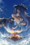  2girls apron bangs black_headwear blue_bow blue_hair blue_ribbon blue_skirt bow bowtie clouds evil_smile floating_island food from_below fruit hair_bow hat hinanawi_tenshi hip_attack horn_bow horn_ribbon horns ibuki_suika leaf lifting_person long_hair meteor multiple_girls neckerchief oni open_mouth orange_hair pantyhose peach puffy_short_sleeves puffy_sleeves rainbow_gradient rainbow_order red_bow red_neckwear ribbon shirt short_sleeves skirt sky smile stone touhou white_legwear white_shirt wrist_cuffs yilx 