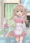  1girl :d absurdres animal apron brown_hair dress food gloves green_eyes happycloud highres indoors macaron open_mouth original pink_dress short_sleeves smile solo thigh-highs twintails waitress white_gloves white_legwear 