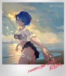  1girl absurdres artist_name beach blue_eyes blue_hair breasts clouds damiaoermiao hair_ornament hair_over_one_eye happy_birthday highres holding_hands jewelry looking_at_viewer looking_back photo_(object) re:zero_kara_hajimeru_isekai_seikatsu red_ribbon rem_(re:zero) ribbon ring see-through short_hair swimsuit swimsuit_under_clothes watermark x_hair_ornament 