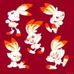  :d ^_^ brown_eyes bunny_focus closed_eyes closed_mouth creature facing_viewer full_body gen_8_pokemon happy jumping looking_at_viewer no_humans one_eye_closed open_mouth pokemon pokemon_(creature) rabbit red_background scorbunny simple_background sitting smile standing tumblr_username versiris walking 