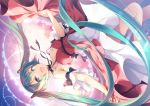  1girl aqua_eyes aqua_hair dress hatsune_miku highres long_hair matsuuni open_mouth red_dress skirt_hold sky solo twintails upside-down very_long_hair vocaloid white_dress 