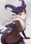  1girl :3 absurdres animal_ears black_hair brown_eyes closed_mouth cowboy_shot don3 dual_wielding elbow_gloves extra_ears fur_collar gloves grey_hair hand_up highres himalayan_tahr_(kemono_friends) holding holding_weapon horizontal_pupils horns jacket kemono_friends knife long_hair microskirt multicolored_hair short_sleeves skirt smile solo tail thigh-highs two-tone_hair weapon zettai_ryouiki 