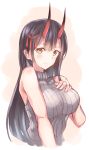  1girl azur_lane bare_shoulders black_hair breasts eyebrows_visible_through_hair hair_between_eyes hair_ornament hand_on_own_chest highres horns large_breasts long_hair looking_at_viewer oni_horns red_horns sh22 simple_background sleeveless sleeveless_sweater sleeveless_turtleneck solo suzuya_(azur_lane) sweater turtleneck turtleneck_sweater yellow_eyes 