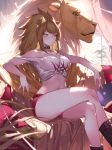  1girl animal_ears arknights bangs bare_shoulders breasts brown_footwear brown_hair choker collar couch crop_top crossed_legs curtains eyebrows_visible_through_hair high_ponytail large_breasts lion lion_ears lion_girl long_hair midriff navel orange_sekaii pillow plant red_shorts short_shorts shorts siege_(arknights) sitting studded_choker studded_collar tank_top thighs white_tank_top window yellow_eyes 