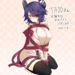  1girl alternate_costume artist_name black_legwear blush bow breasts brown_eyes closed_mouth dated eyebrows_visible_through_hair eyepatch full_body kantai_collection kotobuki_(momoko_factory) large_breasts looking_at_viewer messy_hair purple_hair red_bow red_ribbon ribbed_sweater ribbon seiza short_hair sitting solo sweater tenryuu_(kantai_collection) thigh-highs translated twitter_username 