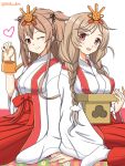  2girls :d ;) alternate_costume black_ribbon braid breasts brown_eyes cloud_hair_ornament hair_flaps hair_ornament hair_ribbon hairclip highres hinamatsuri japanese_clothes kantai_collection kutsugen_kanna_(mikouken) large_breasts light_brown_hair long_hair looking_at_viewer minegumo_(kantai_collection) multiple_girls murasame_(kantai_collection) no_shoes one_eye_closed open_mouth remodel_(kantai_collection) ribbon sitting smile twin_braids twitter_username two_side_up white_legwear 