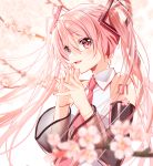  1girl absurdres blush cherry_blossoms detached_sleeves eyebrows_visible_through_hair hair_between_eyes hatsune_miku highres long_hair looking_at_viewer murakami_yuichi nail_polish necktie pink_eyes pink_hair pink_nails pink_neckwear sakura_miku solo twintails vocaloid 