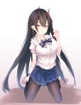  1girl azur_lane black_hair blue_skirt breasts eyebrows_visible_through_hair full_body gloves hair_between_eyes hair_ornament highres horns ka11_ca kneeling large_breasts long_hair looking_at_viewer oni_horns pantyhose pleated_skirt red_horns shirt shirt_tucked_in short_sleeves simple_background single_glove skirt solo suzuya_(azur_lane) very_long_hair white_gloves white_shirt yellow_eyes 