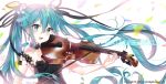  1girl aqua_hair artist_name blush character_name choker earrings floating_hair flower green_eyes hair_flower hair_ornament hair_ribbon hatsune_miku highres instrument jewelry long_hair looking_at_viewer music open_mouth playing_instrument ribbon solo twintails upper_body urim_(paintur) very_long_hair violin vocaloid white_background 