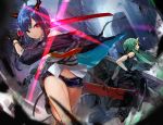  2girls arknights arm_ribbon arm_scarf bare_shoulders black_gloves black_ribbon black_shorts building ch&#039;en_(arknights) city cityscape closed_mouth clothes_around_waist commentary_request cowboy_shot dragon_horns dragon_tail dual_wielding feet_out_of_frame fighting fingerless_gloves from_below gloves glowing glowing_sword glowing_weapon green_hair highres holding holding_shield holding_sword holding_weapon horn horns hoshiguma_(arknights) jacket_around_waist long_sleeves multicolored_neckwear multiple_girls multiple_swords navel neckwear nima_(niru54) oni_horn oni_horns outdoors ribbon scabbard sheath shield shin_guards shirt short_shorts shorts skin-covered_horns sky skyscraper sleeveless sleeveless_shirt sword tail thighs v-shaped_eyebrows weapon white_shirt 