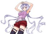  1girl ahoge breasts highres ikezawa_shin large_breasts lavender_hair looking_at_viewer low_twintails senki_zesshou_symphogear shorts smile solo thigh-highs twintails violet_eyes yukine_chris 