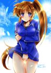  1girl artist_name blue_track_suit blush breast_hold breasts brown_hair buruma clouds cloudy_sky collarbone commentary_request dated eyebrows_visible_through_hair hair_between_eyes highres light_rays long_hair looking_at_viewer lyrical_nanoha medium_breasts san-pon side_ponytail sidelocks sky solo sun sweatdrop takamachi_nanoha track_suit very_long_hair violet_eyes 