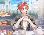  1boy brown_eyes cake clouds cookie cup epaulettes fire_emblem fire_emblem:_three_houses food garreg_mach_monastery_uniform highres kazuru_wa leaf orange_hair sitting sky solo sparkle sylvain_jose_gautier teacup teapot 