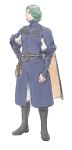  1boy beard black_footwear boots cape circlet facial_hair fire_emblem fire_emblem:_three_houses full_body green_hair hand_on_hip highres long_sleeves male_focus seteth_(fire_emblem) simple_background solo standing white_background windcaller 
