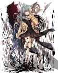  1girl animal_ears arknights blue_eyes boots cardigan cat_ears dress green_hair heterochromia highres holding holding_weapon leg_up long_hair nga_(artist) nightmare_(arknights) sailor_dress solo thigh-highs thigh_boots weapon yellow_eyes 