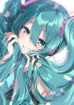  1girl :d aqua_eyes aqua_hair aqua_nails aqua_neckwear bangs bare_shoulders black_sleeves blush bunching_hair chromatic_aberration detached_sleeves dutch_angle eyebrows_visible_through_hair fingernails frilled grey_shirt grin hair_between_eyes hair_ornament hatsune_miku highres long_fingernails long_hair long_sleeves looking_at_viewer nail_polish necktie number_tattoo open_mouth petals shirt shoulder_tattoo smile solo tattoo teeth upper_body vocaloid yuama_(drop) 