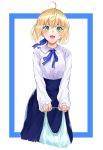  1girl absurdres ahoge artoria_pendragon_(all) bag bangs blonde_hair blue_skirt breasts commentary_request eyebrows_visible_through_hair fate/stay_night fate_(series) green_eyes hair_ribbon highres holding holding_bag long_hair long_skirt long_sleeves looking_at_viewer mr.doukotsu ribbon shirt skirt solo white_shirt 