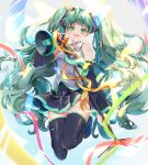 1girl :d amane_tari bangs bare_shoulders black_legwear black_skirt black_sleeves blush breasts collared_shirt commentary_request detached_sleeves eyebrows_visible_through_hair full_body green_eyes green_hair grey_shirt hair_ornament hand_up hatsune_miku highres long_hair long_sleeves looking_at_viewer megaphone open_mouth pleated_skirt ribbon shirt skirt sleeveless sleeveless_shirt small_breasts smile solo thigh-highs twintails upper_teeth very_long_hair vocaloid yellow_ribbon 