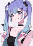  1girl bare_shoulders blue_background blue_eyes blue_hair blush bow breasts choker hair_between_eyes hair_bow hatsune_miku highres long_hair looking_at_viewer purple_nails simple_background smile solo twintails vocaloid yuu_(higashi_no_penguin) 