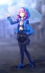  1girl after_rain arknights bangs belt belt_pouch black_legwear black_neckwear black_shorts blue_eyes blue_footwear blue_jacket blue_poison_(arknights) blurry blurry_background breasts buttons eyebrows_visible_through_hair full_body highres hood hooded_jacket jacket legwear_under_shorts long_sleeves looking_up medium_hair neck_ribbon outstretched_hand ozakiyo pantyhose parted_bangs parted_lips pink_hair pouch ribbon shirt shoes short_shorts shorts small_breasts solo sunlight suspenders thigh_pouch thigh_strap twintails umbrella vest walking white_shirt 