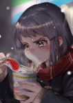  1girl black_hair blush chopsticks commentary cup_noodle ear_blush eating hair_ornament hairclip highres instant_ramen jacket jjjehuty original purple_hair ramen scarf short_hair snowflakes solo steam tearing_up tears yellow_eyes 