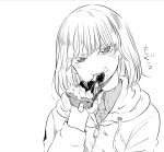  1girl blush bob_cut cake fingernails food fruit greyscale hands_up head_tilt highres holding hood hood_down hooded_jacket jacket long_sleeves looking_at_viewer medium_hair monochrome nikaidou_kou original short_hair simple_background solo strawberry strawberry_shortcake upper_body white_background zipper 