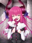  1girl asymmetrical_horns blue_eyes commentary_request corset curled_horns dragon_girl dragon_horns elizabeth_bathory_(fate) elizabeth_bathory_(fate)_(all) fate/extra fate/extra_ccc fate/grand_order fate_(series) flat_chest highres horns indoors long_hair pink_hair pink_nails pointy_ears sasasa_(nashi) solo speech_bubble tears translated upper_body 