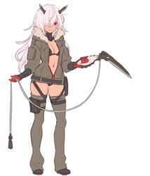  1girl absurdres bangs belt black_bra black_footwear black_panties boots bra breasts contrapposto full_body gloves grey_jacket grey_legwear hair_between_eyes hair_over_one_eye highres holding holding_weapon horns jacket leg_strap long_hair long_sleeves looking_at_viewer medium_breasts nagisa_kurousagi navel one_eye_covered open_clothes open_jacket original panties pink_hair pouch red_eyes red_gloves simple_background solo standing thigh-highs underwear weapon white_background zipper 