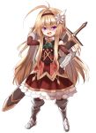  1girl antenna_hair armor armored_boots bangs black_gloves blush boots dress eyebrows_visible_through_hair fang gloves hairband hand_in_hair highres long_hair long_sword mahcdai open_mouth original red_dress simple_background solo violet_eyes white_background 