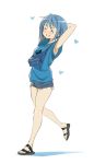  1girl armpits arms_behind_head arms_up blue_hair blue_shirt blue_shorts breasts eyebrows_visible_through_hair full_body grin hair_ornament hairclip heart highres mahou_shoujo_madoka_magica miki_sayaka parted_lips sandals shadow shiny shiny_hair shirt short_hair short_shorts shorts simple_background small_breasts smile solo teeth walking white_background 