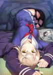  1girl ahoge artoria_pendragon_(all) bangs blonde_hair blue_serafuku blue_skirt braid braided_bun breasts collarbone commentary_request eyebrows_visible_through_hair fate/grand_order fate_(series) garter_straps kotatsu long_sleeves looking_at_viewer lying medium_breasts mysterious_heroine_x_(alter) navy_blue_jacket neckerchief nonderi on_back pleated_skirt red_neckwear sailor_collar school_uniform serafuku short_hair skirt sleeves_past_wrists solo table upside-down white_sailor_collar yellow_eyes 