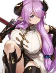  1girl breasts covered_nipples demon_horns draph elbow_gloves fighting_stance gloves granblue_fantasy hair_over_one_eye highres holding holding_sword holding_weapon horns houtengeki huge_breasts lavender_hair narmaya_(granblue_fantasy) pointy_ears sheath squatting sword thigh_strap violet_eyes weapon 