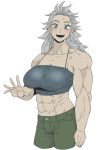  1girl abs absurdres breasts collarbone cowboy_shot dorohedoro earrings highres jewelry kantoqyoiko large_breasts long_hair looking_at_viewer messy_hair multiple_piercings muscle muscular_female navel noi_(dorohedoro) open_mouth silver_hair smile solo tall_female veins white_background 