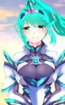  1girl absurdres bangs breasts clouds cloudy_sky gem green_eyes green_hair headpiece highres large_breasts long_hair looking_at_viewer outdoors pneuma_(xenoblade) ponytail risumi_(taka-fallcherryblossom) sky smile solo swept_bangs tiara xenoblade_(series) xenoblade_2 