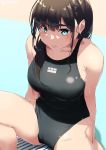  1girl bangs black_hair blue_eyes blush breasts competition_swimsuit eyebrows_visible_through_hair jonsun long_hair mole mole_under_eye one-piece_swimsuit one_eye_closed original parted_lips sitting solo spread_legs swimsuit wet 