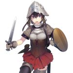  1girl armor bangs breasts brown_hair commentary_request helmet holding holding_shield holding_weapon leather_armor looking_at_viewer medium_breasts nonderi open_mouth original red_skirt shield short_hair short_sleeves simple_background skirt solo sword violet_eyes weapon white_background wooden_shield 