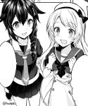  2girls ahoge black_gloves blank_speech_bubble braid commentary_request cowboy_shot dress fingerless_gloves gloves hair_flaps hair_ornament hair_over_shoulder hat jervis_(kantai_collection) kabocha_torute kantai_collection monochrome multiple_girls neckerchief remodel_(kantai_collection) sailor_collar sailor_dress sailor_hat school_uniform serafuku shigure_(kantai_collection) single_braid speech_bubble twitter_username 