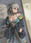  1girl absurdres ahoge bra breasts commentary english_commentary fingerless_gloves girls_frontline gloves gun half-life half-life_2 highres holding holding_gun holding_weapon honey_badger_(girls_frontline) honey_badger_(gun) huge_filesize large_breasts medium_hair nail_polish open_clothes open_shirt silver_hair solo underwear violet_eyes weapon whdgus2078 