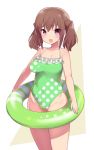  1girl :d alice_gear_aegis bangs bare_arms bare_shoulders blush breasts brown_background brown_hair collarbone commentary_request eyebrows_visible_through_hair fang frilled_swimsuit frills green_swimsuit groin hair_between_eyes highleg highleg_swimsuit innertube kimikage_yui looking_at_viewer medium_breasts open_mouth smile solo stroma swimsuit twintails two-tone_background violet_eyes white_background 