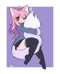  1girl ahoge animal_ear_fluff animal_ears black_legwear black_skirt fang fluffy fox_ears fox_tail highres miniskirt paws pink_eyes pink_hair ribbed_sweater skirt sweater tail tail_hug thigh-highs zettai_ryouiki 