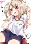  1girl absurdres bangs blue_shorts blush brown_hair clothes_writing collarbone commentary_request dated dreamusun eyebrows_visible_through_hair fate/kaleid_liner_prisma_illya fate_(series) gym_shirt gym_shorts gym_uniform hair_between_eyes hands_up highres illyasviel_von_einzbern long_hair name_tag open_mouth red_eyes shirt short_shorts short_sleeves shorts signature simple_background solo spoken_blush translated very_long_hair white_background white_shirt 