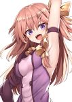  1girl armpits bangs blonde_hair blush bow breasts brown_hair commentary_request eyebrows_visible_through_hair hair_bow hair_ornament hair_ribbon hairclip highres long_hair looking_at_viewer mahcdai medium_breasts original ribbon simple_background solo upper_body upper_teeth violet_eyes white_background 