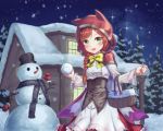  1girl :d absurdres animal_hood basket blush bow braid cape cat_hood green_eyes hair_ornament hairclip happycloud highres hood house little_red_riding_hood long_sleeves night night_sky open_mouth outdoors red_cape redhead sky smile snowball snowing snowman standing tree winter yellow_bow 