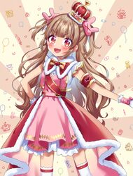  1girl absurdres armband blush brown_hair commentary_request crown dress fang hair_ornament highres hina_(hinalovesugita) long_hair looking_at_viewer natori_sana open_mouth red_eyes sana_channel solo thigh-highs virtual_youtuber white_background 