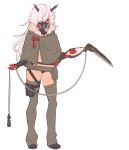  1girl absurdres bangs belt black_footwear black_panties boots brown_capelet contrapposto covered_mouth full_body gas_mask gloves grey_legwear hair_between_eyes hair_over_one_eye highres holding holding_weapon horns leg_strap long_hair looking_at_viewer nagisa_kurousagi one_eye_covered original panties pink_hair pouch red_eyes red_gloves simple_background solo standing tassel thigh-highs underwear weapon white_background 