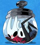  1girl 1other blue_background blush cloak hollow_eyes hollow_knight hornet_(hollow_knight) horns in_container knight_(hollow_knight) looking_at_another lying no_humans red_cloak sachy_(sachichy) signature simple_background sitting sweatdrop 