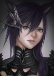  1girl animal_ears armor bangs cat_ears close-up commission face facial_mark final_fantasy final_fantasy_xiv gradient gradient_background green_eyes hair_between_eyes hair_ornament highres lianeige lips looking_at_viewer medium_hair miqo&#039;te purple_hair solo 